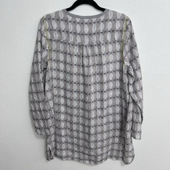 Sigrid Olsen Embroidered Linen Tunic Top Gray Lagenlook Coastal 1/2 Button Up L - Picture 7 of 11